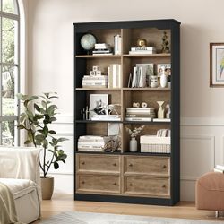Double Row 4-tier Bookcases Floor Standing, 8 Display Storage Cubicles, 71 in Tall Bookcase with 2 Drawers, for Home Office Living Room, Na
