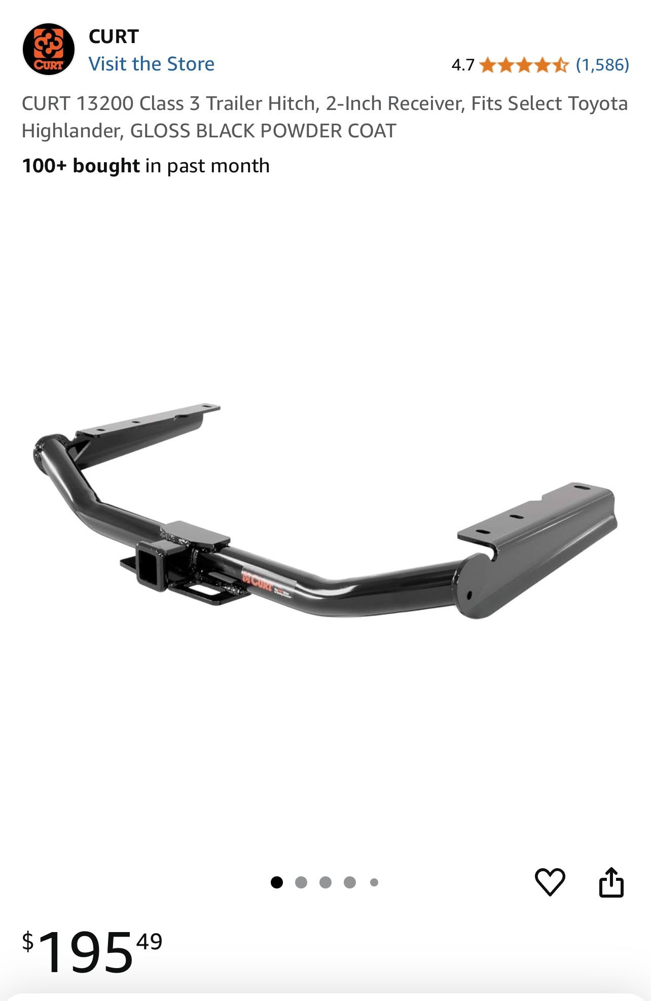 CURT 13200 Class 3 Trailer Hitch, 2-Inch Receiver, Fits Select Toyota Highlander, GLOSS BLACK POWDER COAT