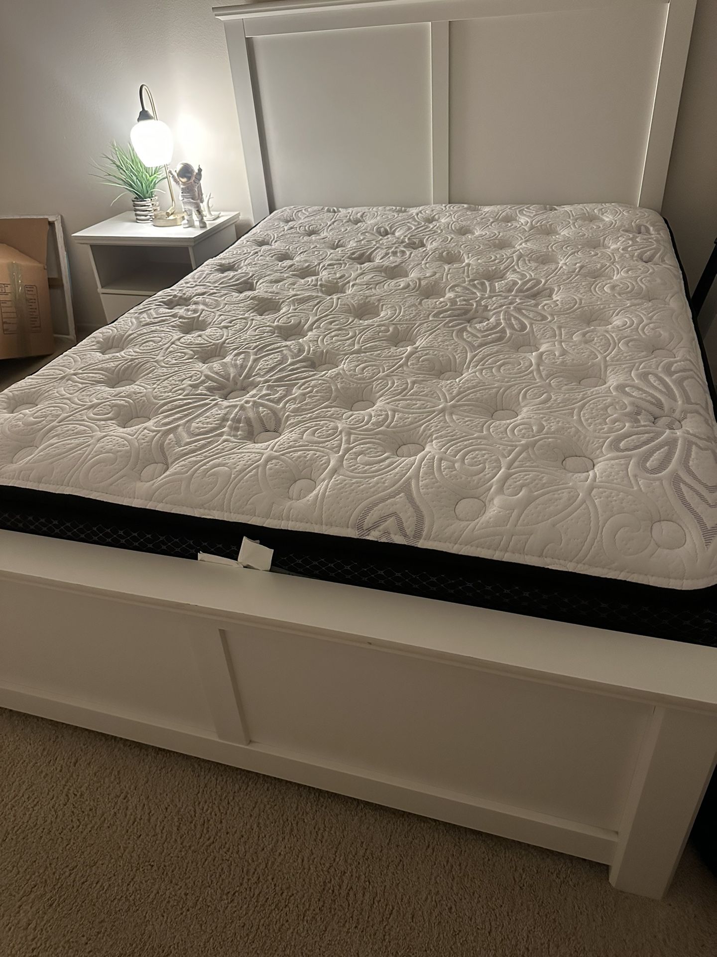 White Elegant Queen Bed With Frame And Desk