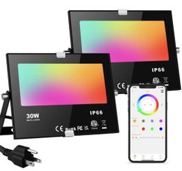 LED Flood Lights RGB Color Changing 300W Equivalent Outdoor, 30W Bluetooth Smart Floodlights RGB APP Control, IP66 Waterproof, Timing, 2700K&16 Millio