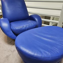 Blue Leather Lounge Accent Chair + Ottoman