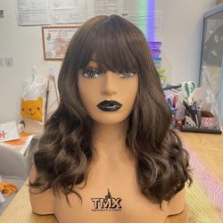 Human hair blend dark brown bob wavy wig