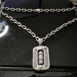 925 Silver Punk Style Necklace Oval Link Chain : Lotus Fashion Pendant With Rotating Center