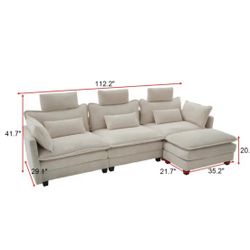Modern L Shape Sofa, Cloud Modular Sectional Sofa with Ottoman, 4 Seater Sofa with Deep Velvet Seat with Headrest and Lumbar Cushions for Living Room,