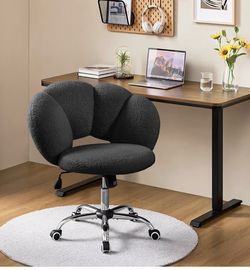 Boucle Upholstered Desk Chair Cloud-Shaped Vanity Chair Adjustable Home Office Computer with Rolling Wheels for Living Room, Bedroom Black