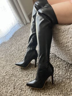 Women's Pointed Toe Stiletto Heel Knee High Boots With Side Zipper, Autumn & Winter, Black, Eel Skin Pattern, Sexy & Fashionable Classic Boots 7,5