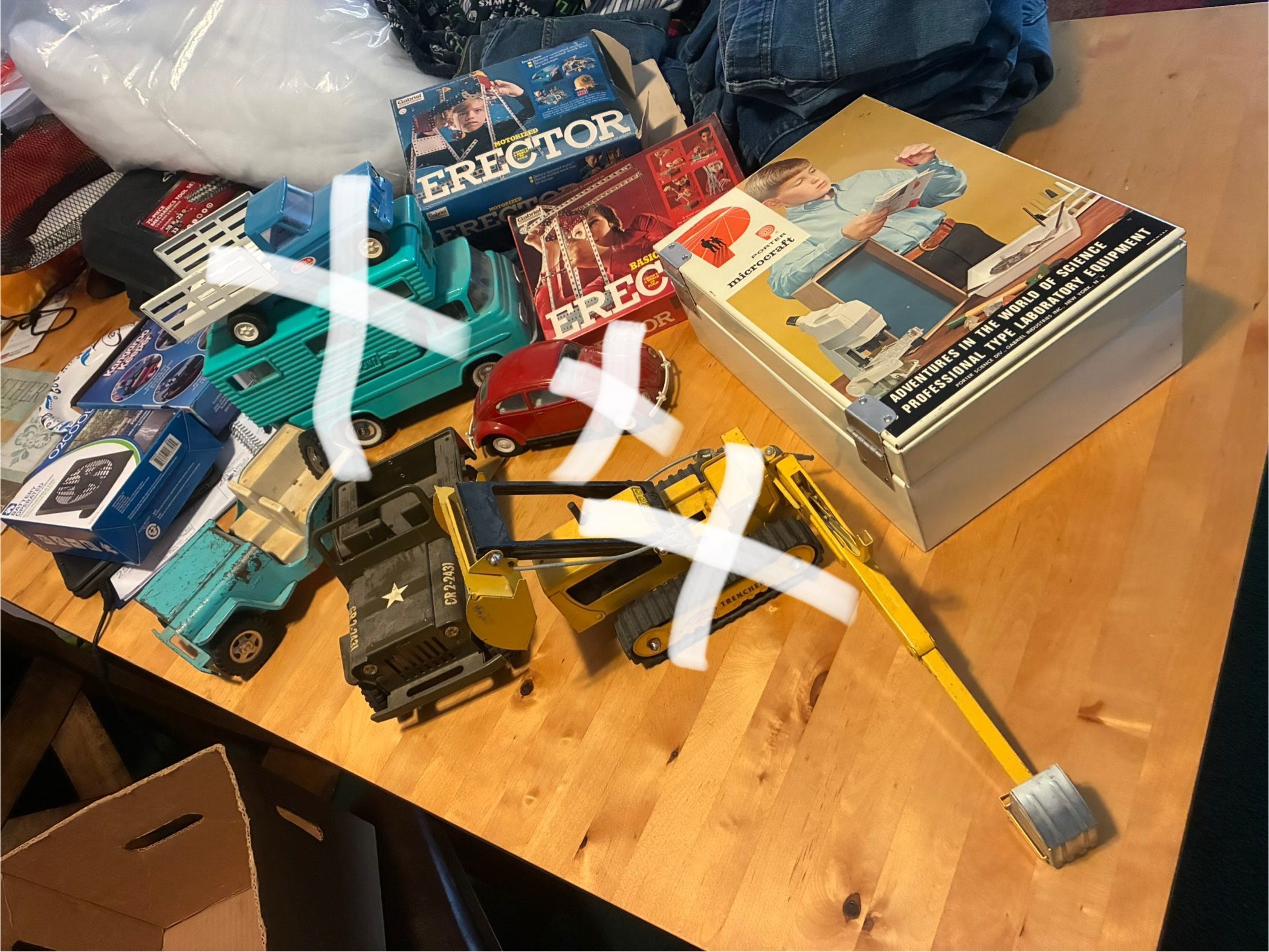 Some items sold some still available-Collectors items-toys-vintage erector sets 2 of them, Vintage Metal toy trucks/tractors/jeeps (these are vintag