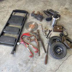 $50 - Tools GRAB BAG #21: Step ladder, vice, muck boots, binoculars, LARGE vacuum thermos, dolley wheels + more