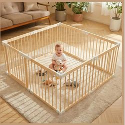 Baby Playpen, Wooden Play Yard with Gate, Playpen for Babies and Toddlers, Baby Activity Center with Child-Proof Lock, Fence Play Area for Toddlers 6