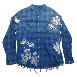 Amiri Beach Floral Plaid Flannel Button Down Shirt ‘CYAN’ (Size-Large) PRE OWNED