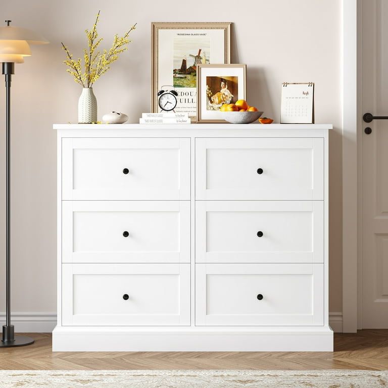 6 Drawer Double Dresser White, Wood Storage Cabinet for Living Room, Chest of Drawers for Bedroom