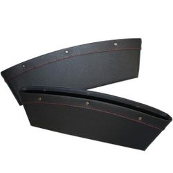 NEW! Car Seat Gap Filler Organizers, (2 Piece, Black Leather, Red Stitching, Silver Rivets)