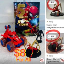 $8 Bundle of Spider-Man 🕷️Large Hard cover Book & figurines Characters,Car,like new