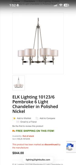 Elk Lighting Pembroke 6 Light Chandelier Polished Nickle