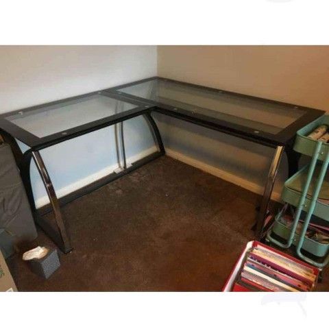 Sharper Image tempered glass steel frame L-shaped home office computer writing corner desk