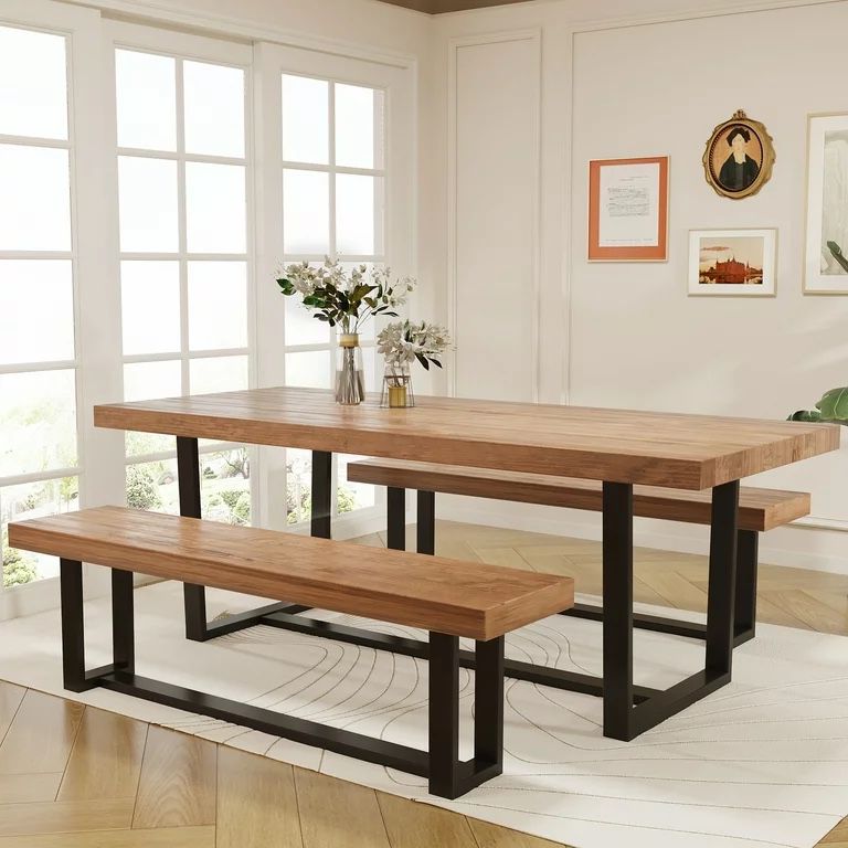 Yaoping 72" Rustic Farmhouse Solid Wood Dining Table with Metal Frame, Rectangular Kitchen and Dining Table for Home Office Furniture with 2 benchs