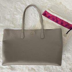 Tory Burch Gray Pebbled Leather Logo Tote Bag NEW