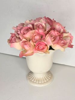 Pink Faux Rose Bouquet in Scalloped Cream Ceramic Pedestal Urn Vase