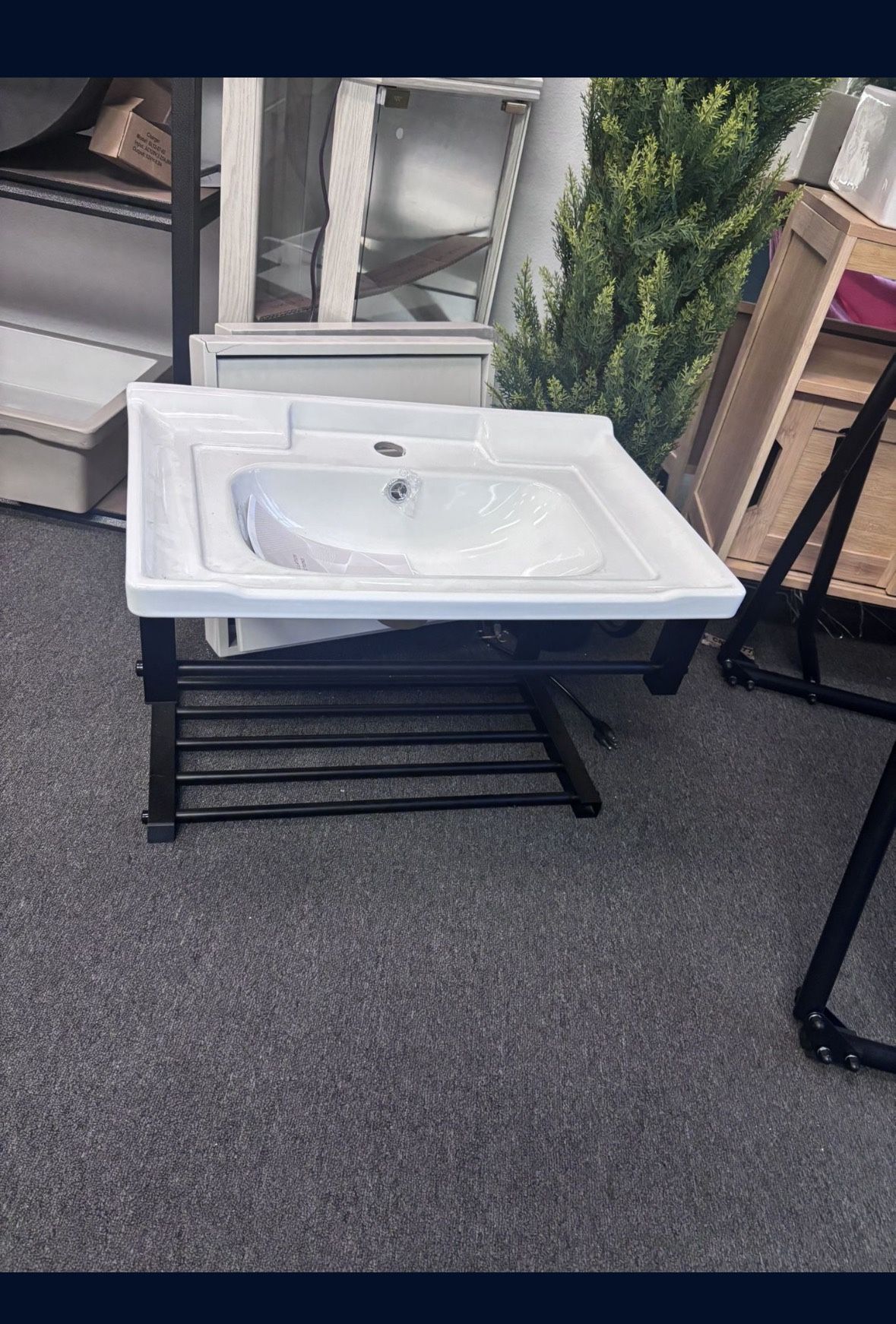 New inch black floating wall-mounted bathroom sink with ceramic basin and open shelf