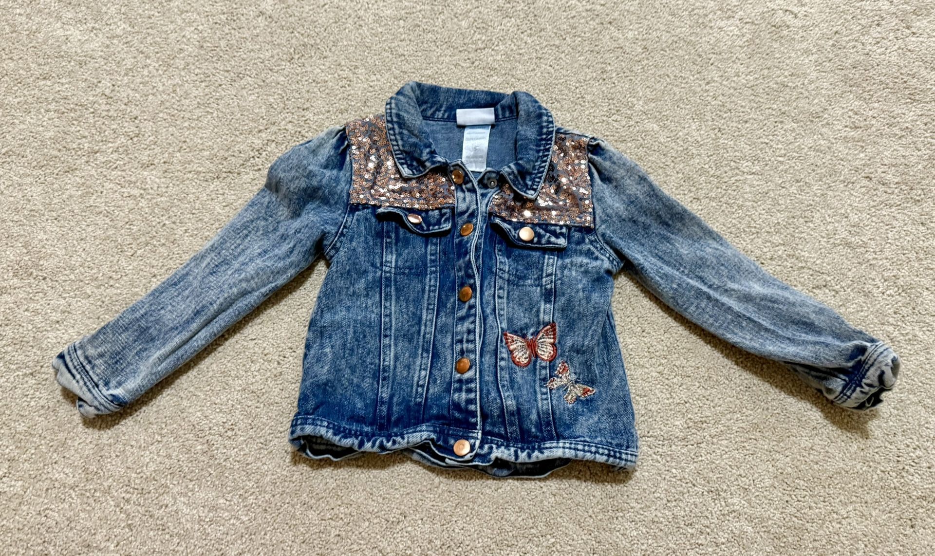 Little Lass Girl Jean Jacket with Rose Gold Sequins, Size 5T