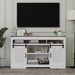 Farmhouse TV Stand with Sliding Barn Door for TVs up to 65+ Inch