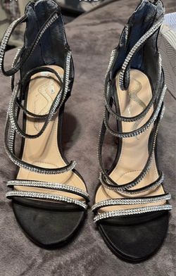 Black Strappy Rhinestone Heeled Sandals