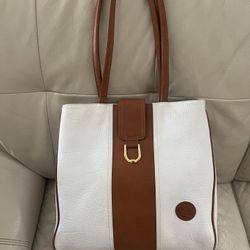 Vintage Pierre Balmain Paris Tote Bag White Brown Leather Shoulder Purse Logo
