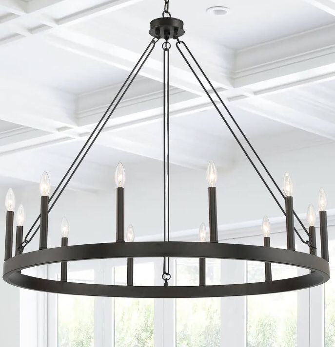 *Brand New* Acroma 12 Light 40In Modern Farmhouse Wagon Wheel Chandelier-UL - Aged Zinc • Adjustable Height  • Dry Location  • Sloped Ceiling Adaptabl