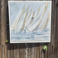 23 x 23 Framed Painting of Sailboats on the Water – Five Sailboats on Square Canvas – Light Blues, Whites, and Red Accents – Great Home Decor