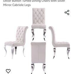 Dining Chairs, White Velvet Upholstered Dining Room Chairs Set of 4, Crystal Decor Button Tufted Dining Chairs with Silver Mirror Cabriole Legs
