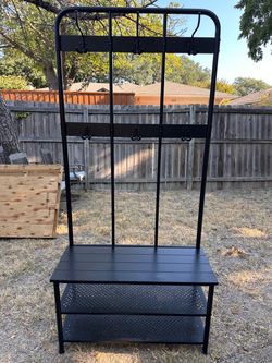 Black Metal Entryway Hall Tree w/ Bench