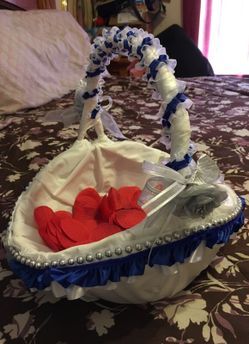 Flower girl basket royal blue & white w/silver pearls