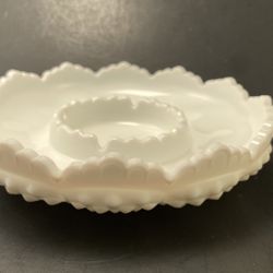 FENTON STAMPED WHITE MILK GLASS HOBNAIL CHIP AND DIP, CANDLE BOWL, ASHTRAY - SCALLOPED