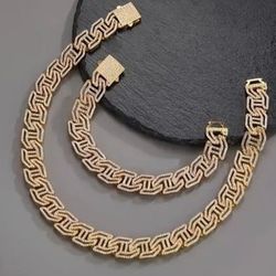 2 Pcs Fully Iced 14K Gold Plated Wide H Shape Cubic Zirconia 22 Inches cuban  Chain Necklace And Bracelet Set 