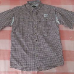 DRAKE plaid gingham s/s TAMU AGGIES TEXAS A&M fishing hunting shirt vent Small