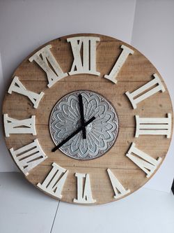Large 31.5" diameter Roman Numeral Wood and Sheet Metal Wall Clock (Hobby Lobby)