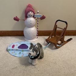 American Girl 18” Doll Winter Holiday Christmas Playsets Lot Showgirl Dog Sled Snow Tube