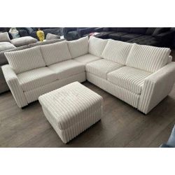 Milk color corduroy sectional sofa with ottoman