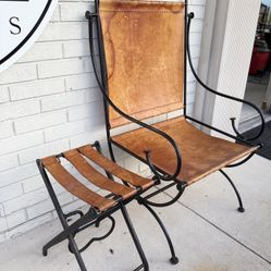 Vintage Wrought Iron & Leather Chair And Ottoman Set