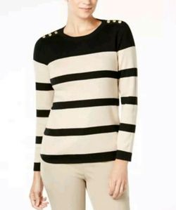Charter Club Women's Button Shoulder Sweater Striped Deep Black Combo XL