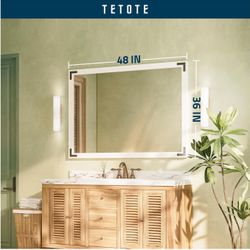 TETOTE 48 x 36 Rustic White Wood Rectangle Framed Bathroom Wall Mirror, Waterproof 