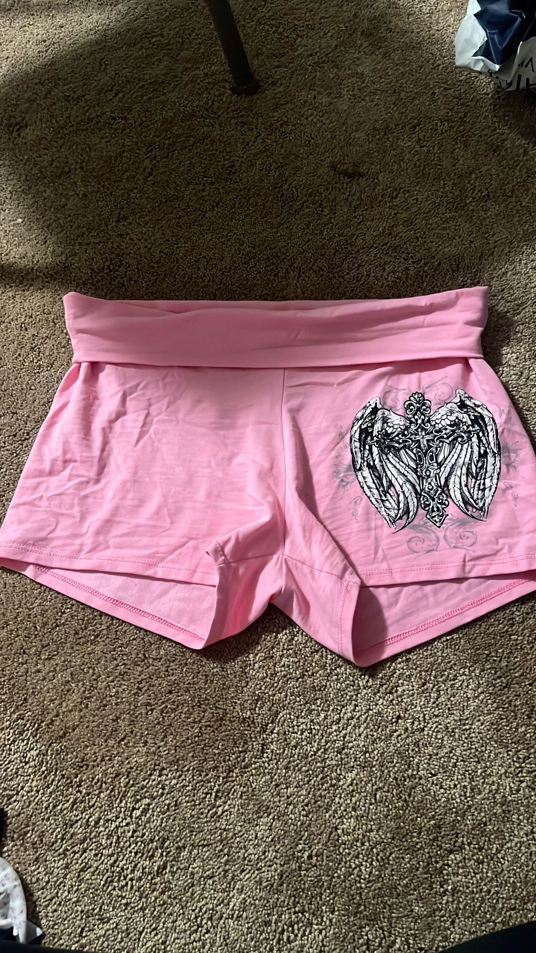 Pink Fold over Rhinestone Angel Wings Shorts