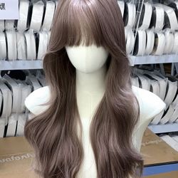 26 inch brown pink tone wig with bangs