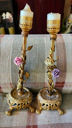 PAIR Antique French Gilt Ormolu Bronze Tole Boudoir Lamps/Candle Holder