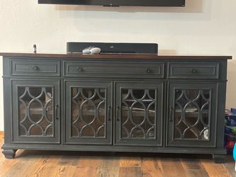 Wood TV Console with Glass Cabinet Doors and 3 drawers