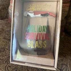 Festive Winter Or Christmas Wine Glass & Cork Screw