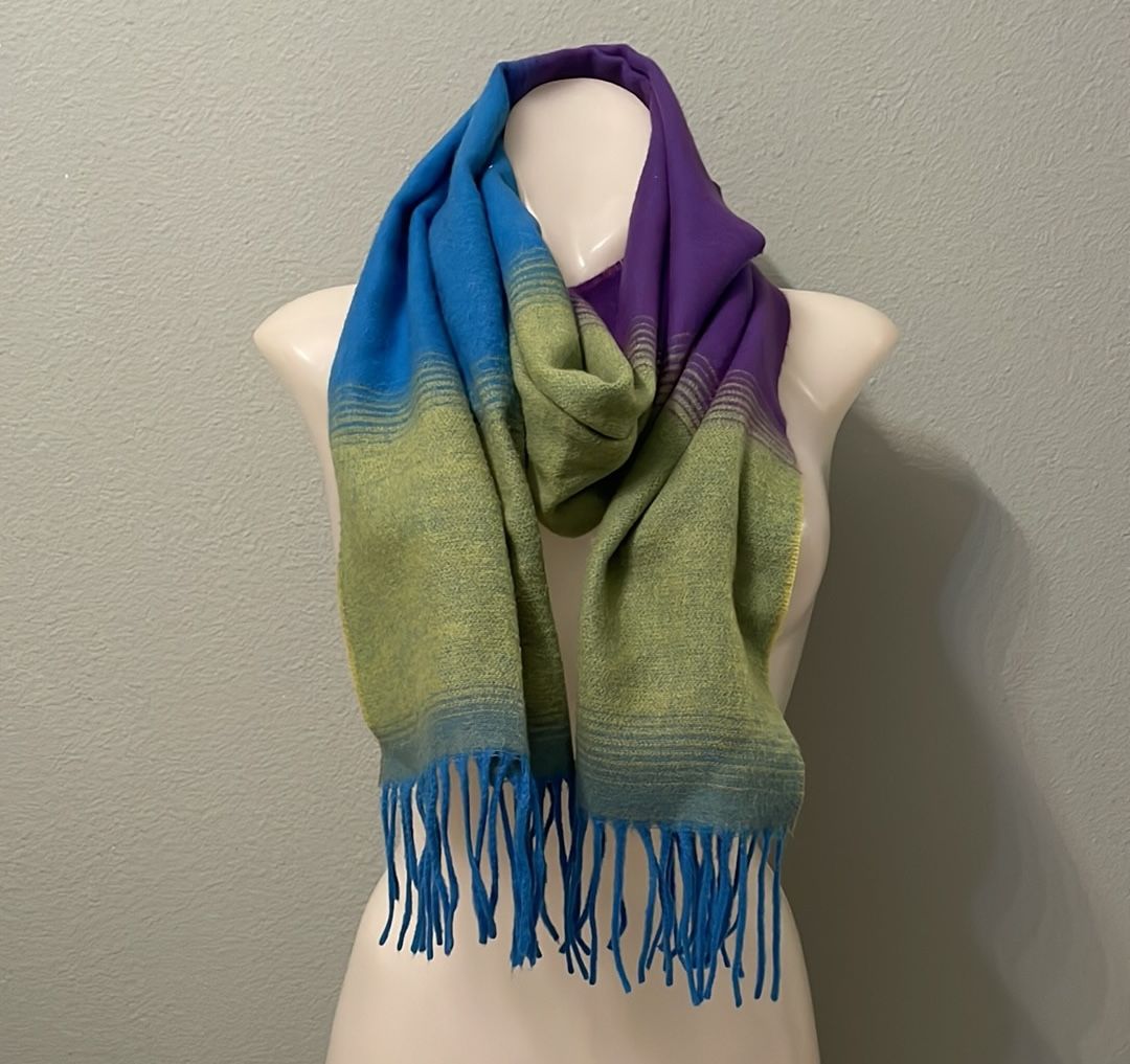 Gradient Blue and Green Scarf with Fringe Detail