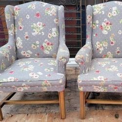 Pair Vintage Floral Armchairs Wing Chair
