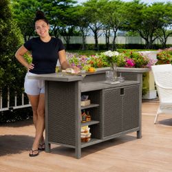 Patio Bar Table, Outdoor Aluminum PE Wicker Bar Cart with Cabinet, All-Weather Storage Cabinet for Patio Kitchen or Bar, Wood Grain Finish