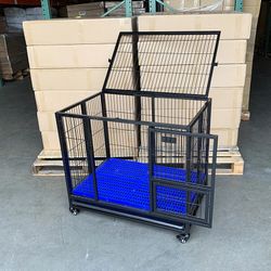 (NEW) $120 Heavy-Duty Dog Cage 37x25x33” Single-Door Folding Crate Kennel with Plastic Floor & Tray
